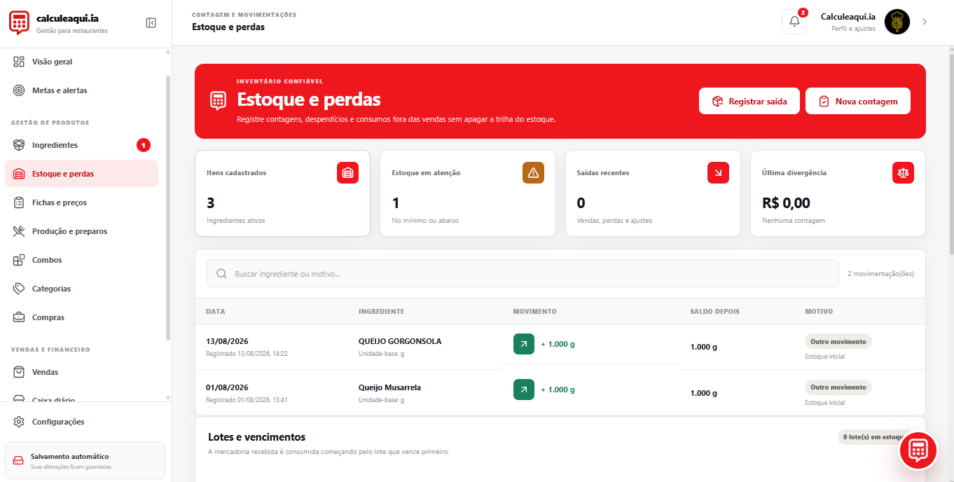 Tela real de estoque e perdas da CalculeAqui.IA