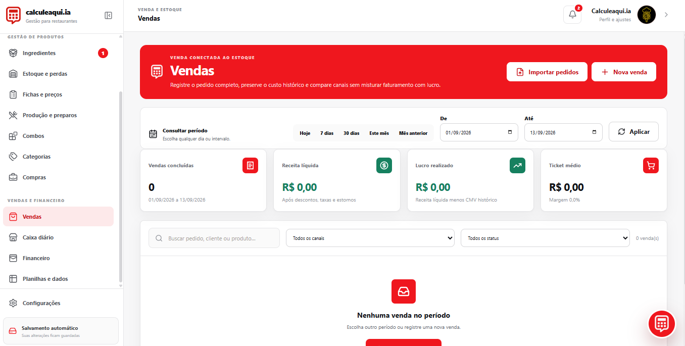 Tela real do módulo de vendas da CalculeAqui.IA
